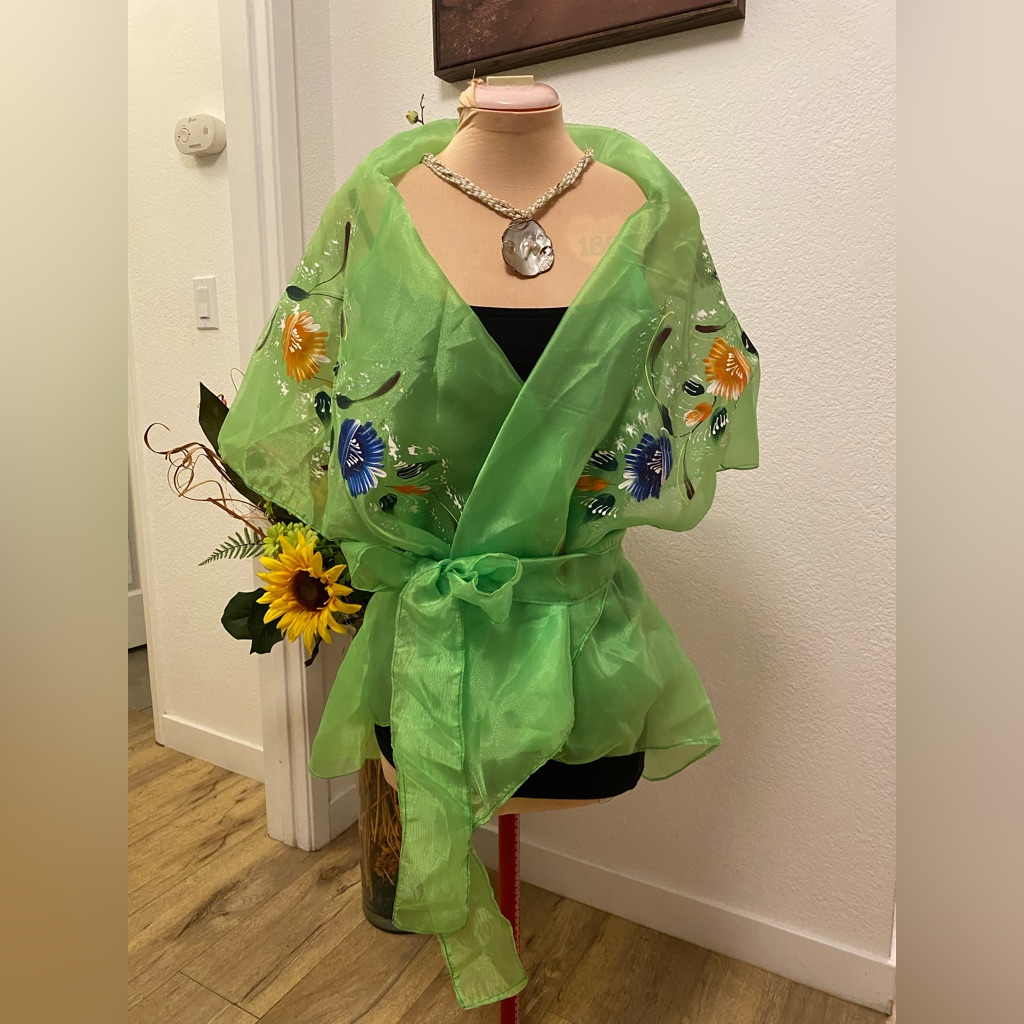 Modern Filipiniana Hand-Painted Vibrant Green Floral Wrap-Around Blouse